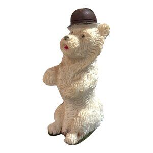Vintage White Terrier Dog Figurine Brown Bowler Hat Paperweight Statue 3.5"